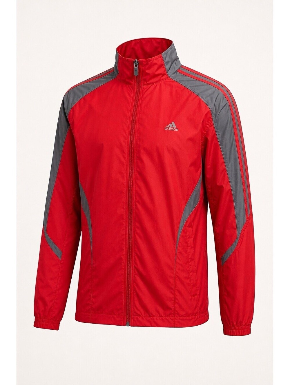 Adidas Windbreaker Jacket Mens Red Gray Hooded Full Zip 3 Stripe Sz 2XL